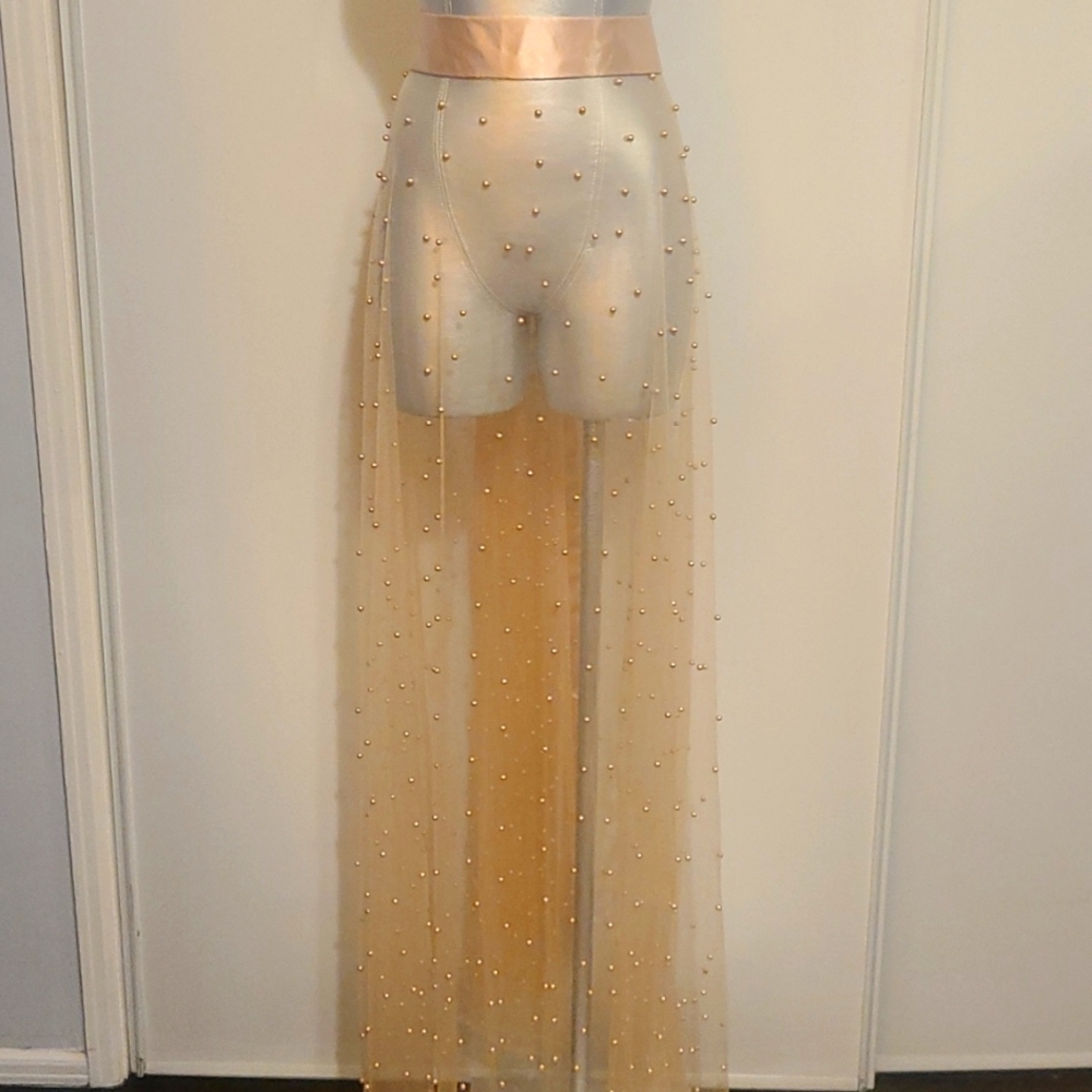 Beautiful sheer light beige preal detail long skirt hugh bow closer.